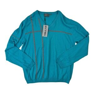 NWT HOLLAS XFC Blue w/ Gray Stripe L/S V-Neck Merino Wool Sweater Mens Size L